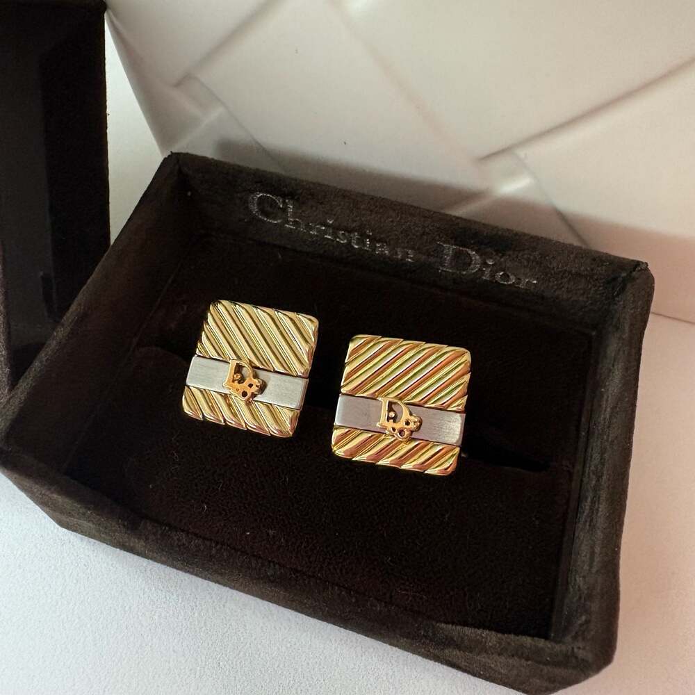 Christian Dior Monsieur Vintage Gold and Silver Tone Striped Cufflinks
